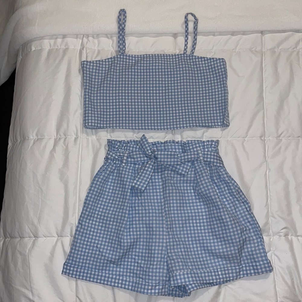 Blue and white checkered cropped top and shorts set.